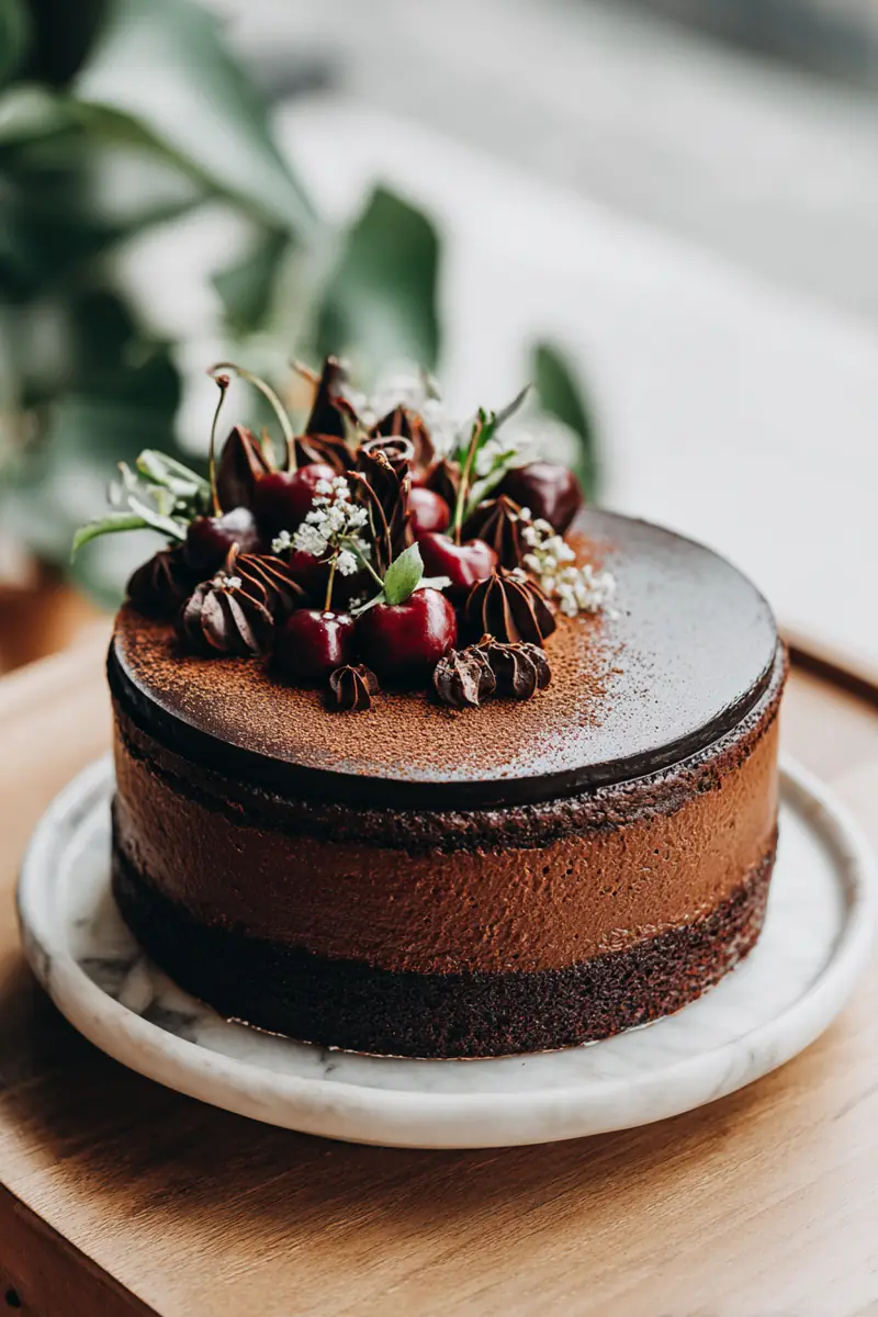 Delicious chocolate cake recipe with rich frosting and fresh berries topping.