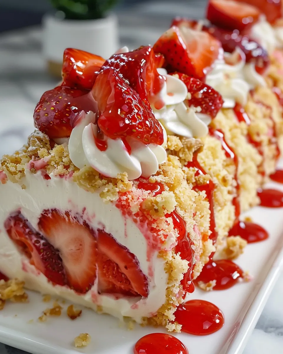 Swirled strawberry cheesecake roll with fresh berries and cream.