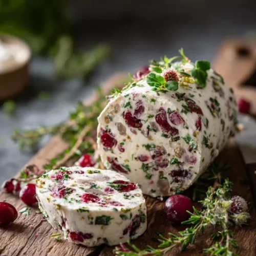 Cranberry and Herbs Cheese Log: Festive Cheese Log in 10 Minutes with roasted vegetables and herbs in a baking dish