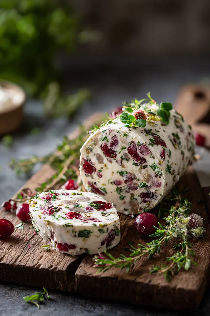 Cranberry and Herbs Cheese Log garnished with fresh herbs and cranberries.