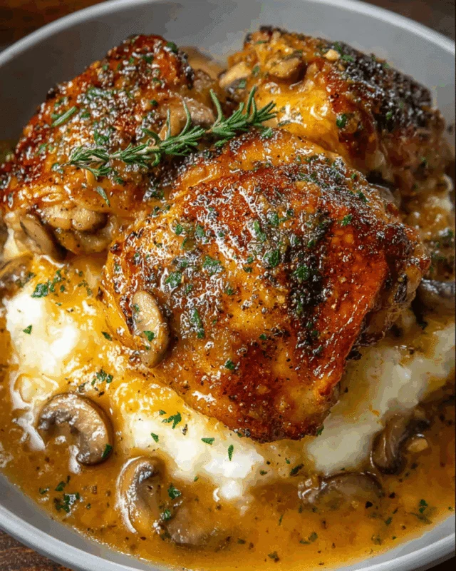 Creamy Garlic Mushroom Chicken Thighs –: One-Pan Dinner in with roasted vegetables and herbs in a baking dish