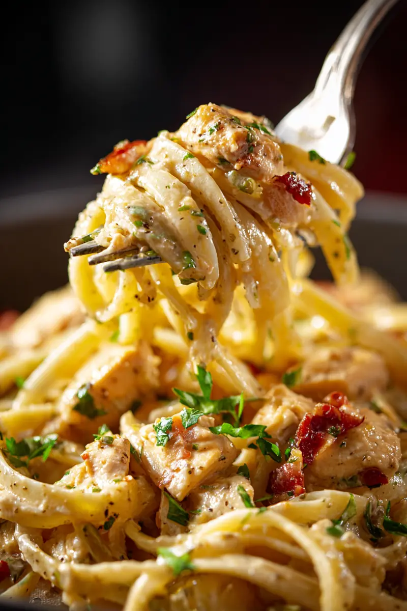 Sizzling skillet of creamy Tuscan chicken pasta with fresh spinach and tomatoes.