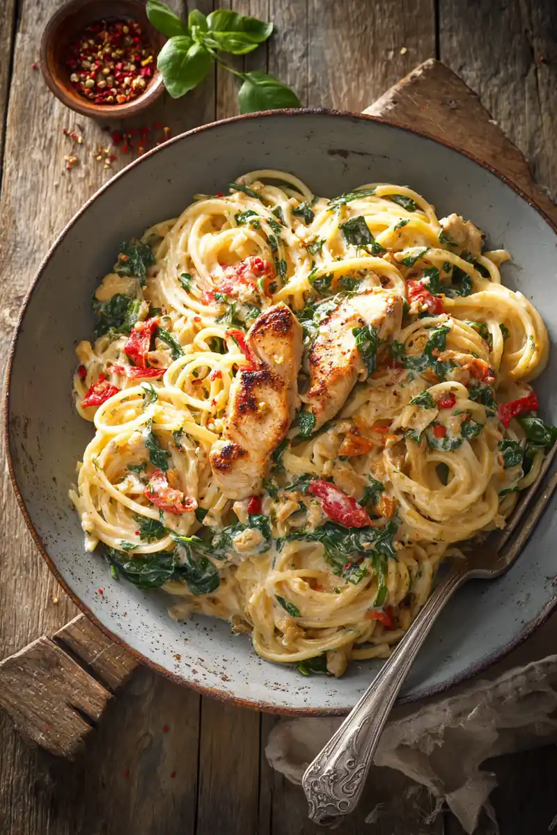 Creamy Tuscan Chicken Pasta garnished with fresh basil and sun-dried tomatoes.