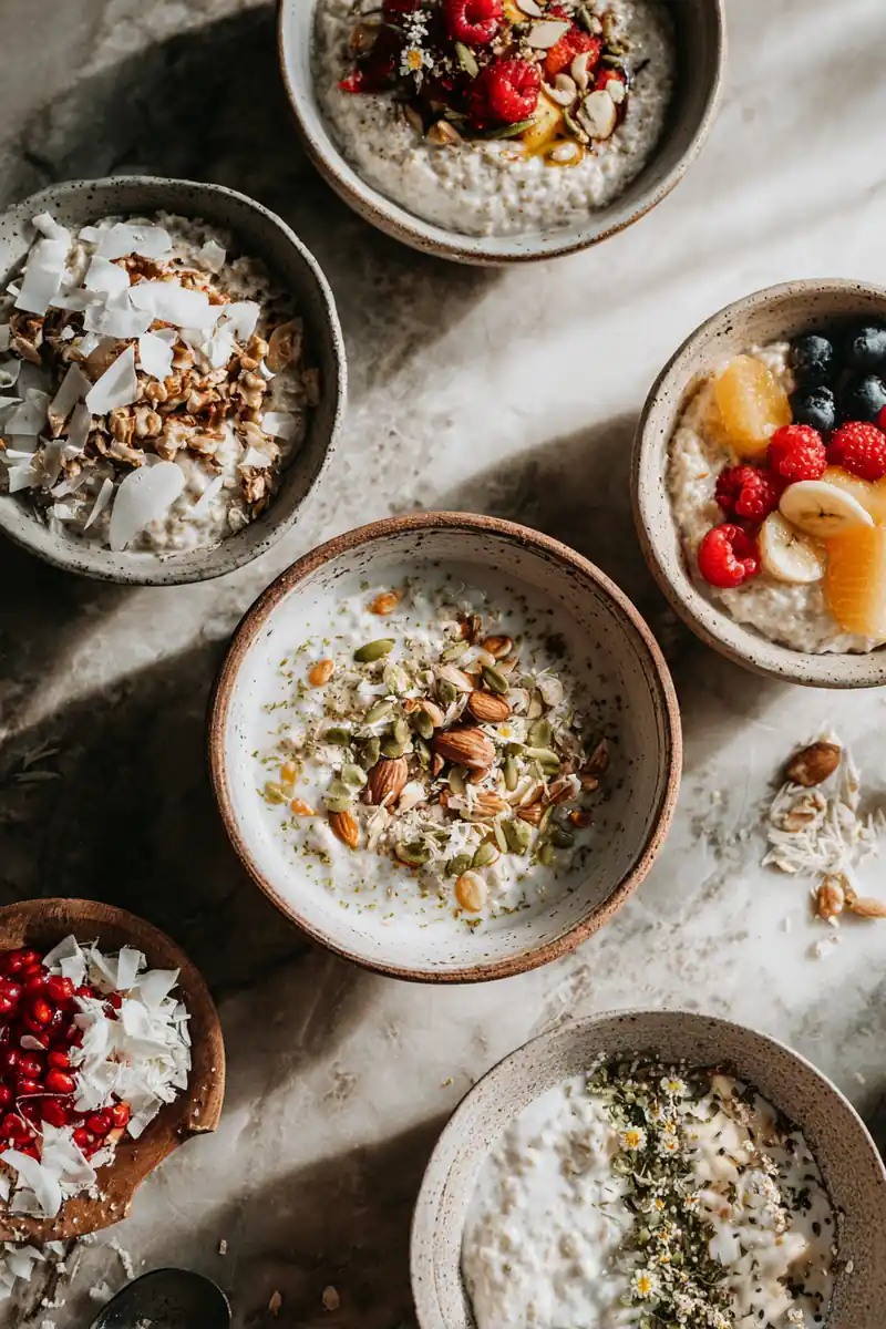 Colorful bowl showcases delicious healthy oatmeal recipes with fresh fruits and nuts.