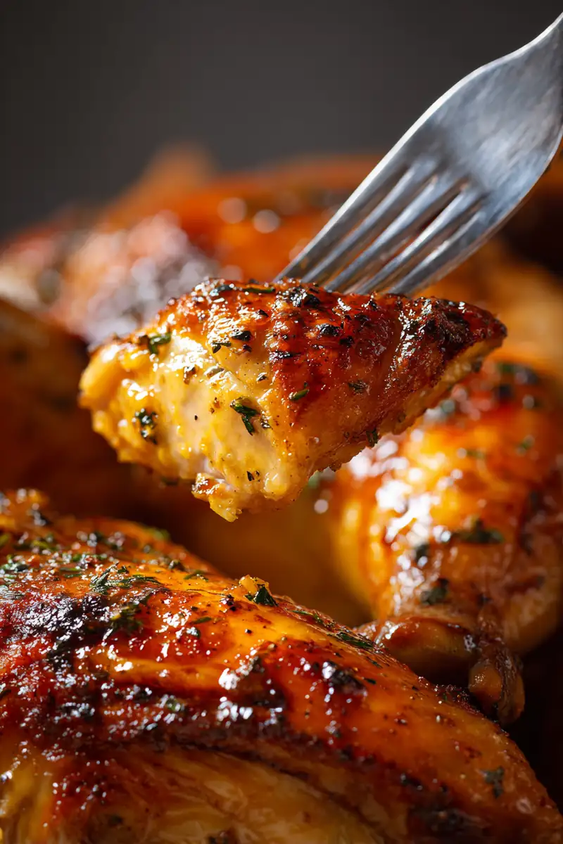 Fresh herbs and lemon marinate healthy roast chicken preparation.