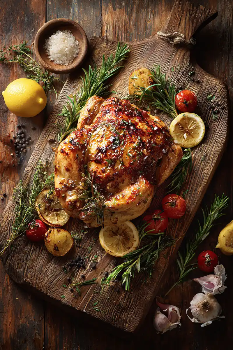Healthy Roast chicken garnished with herbs, served on a rustic wooden table.