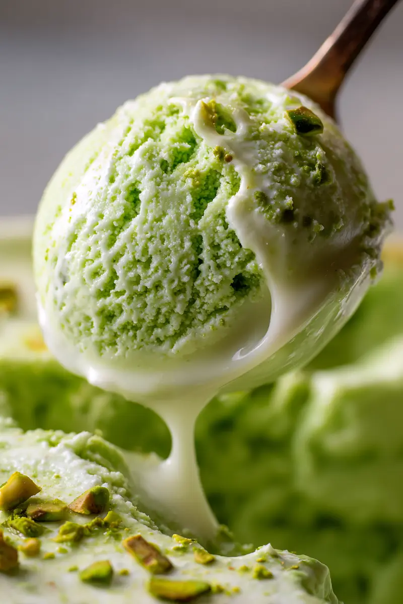 Pistachio frozen yogurt ingredients being blended in a kitchen setting.