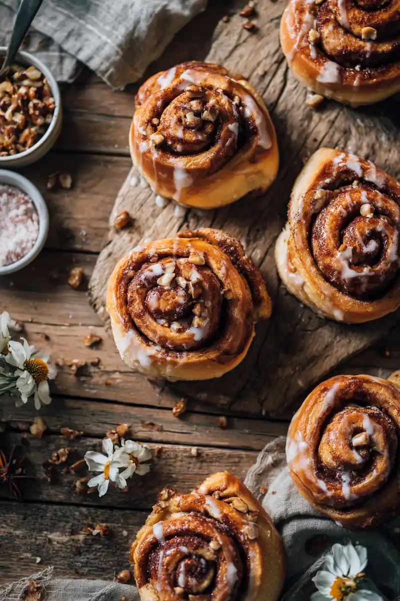 Quick Cinnamon rolls on a plate, topped with creamy glaze, served fresh.