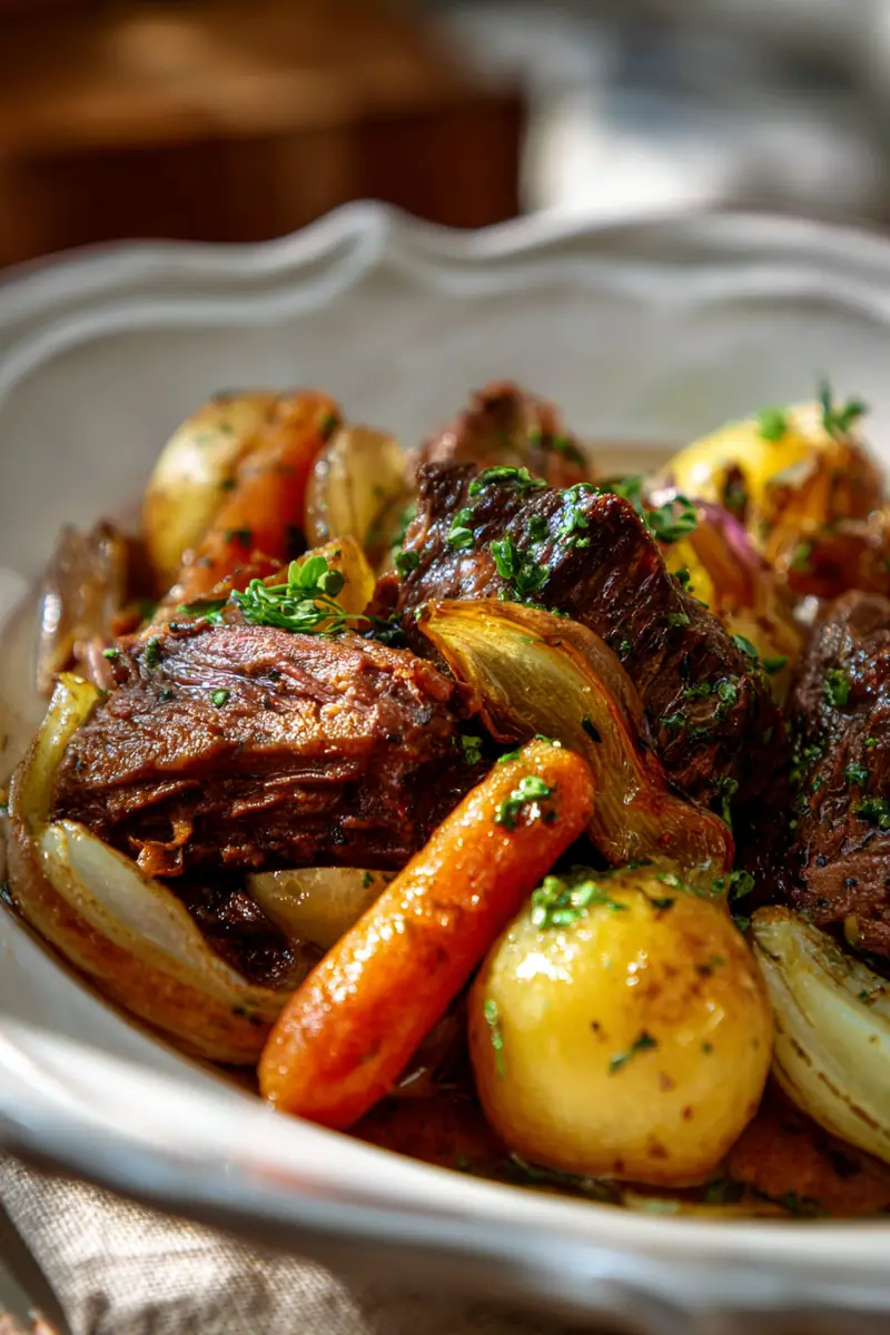 Chef preparing tender pot roast with fresh carrots and onions.