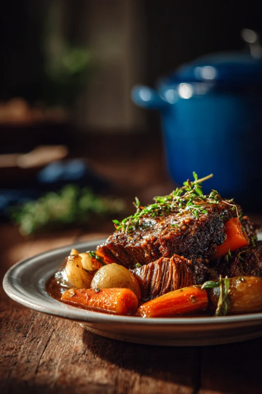 Ree Drummond's Pot Roast Is Fall-Apart Tender: Tender Pot with roasted vegetables and herbs in a baking dish