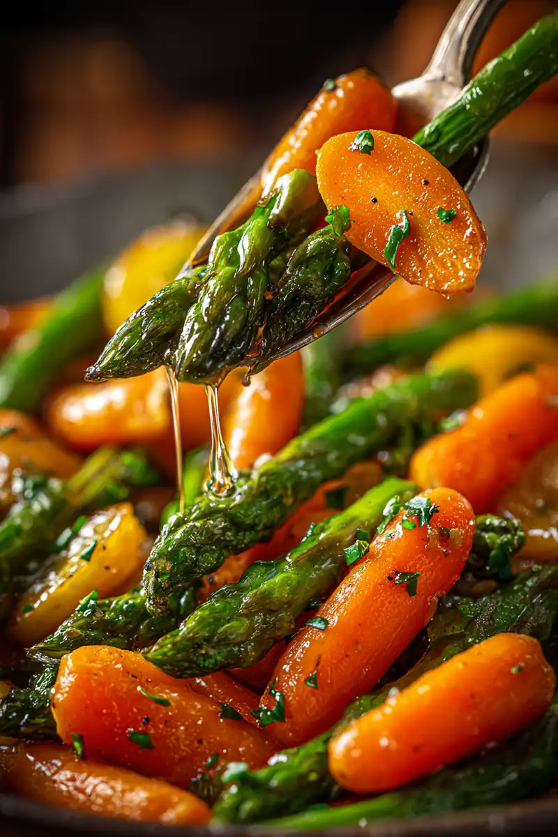 Chopped asparagus and carrots seasoned for roasting on a baking sheet.