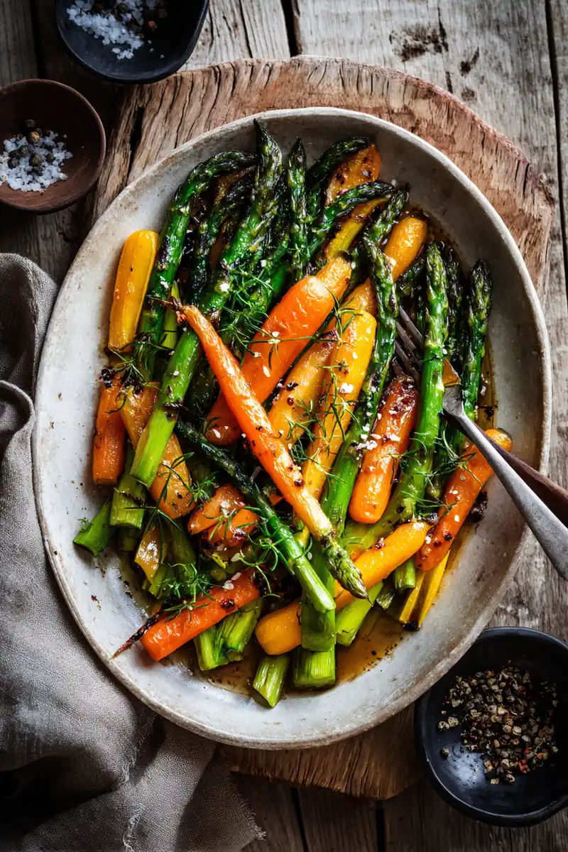 Roasted Asparagus and Carrots garnished with fresh herbs on a rustic plate.
