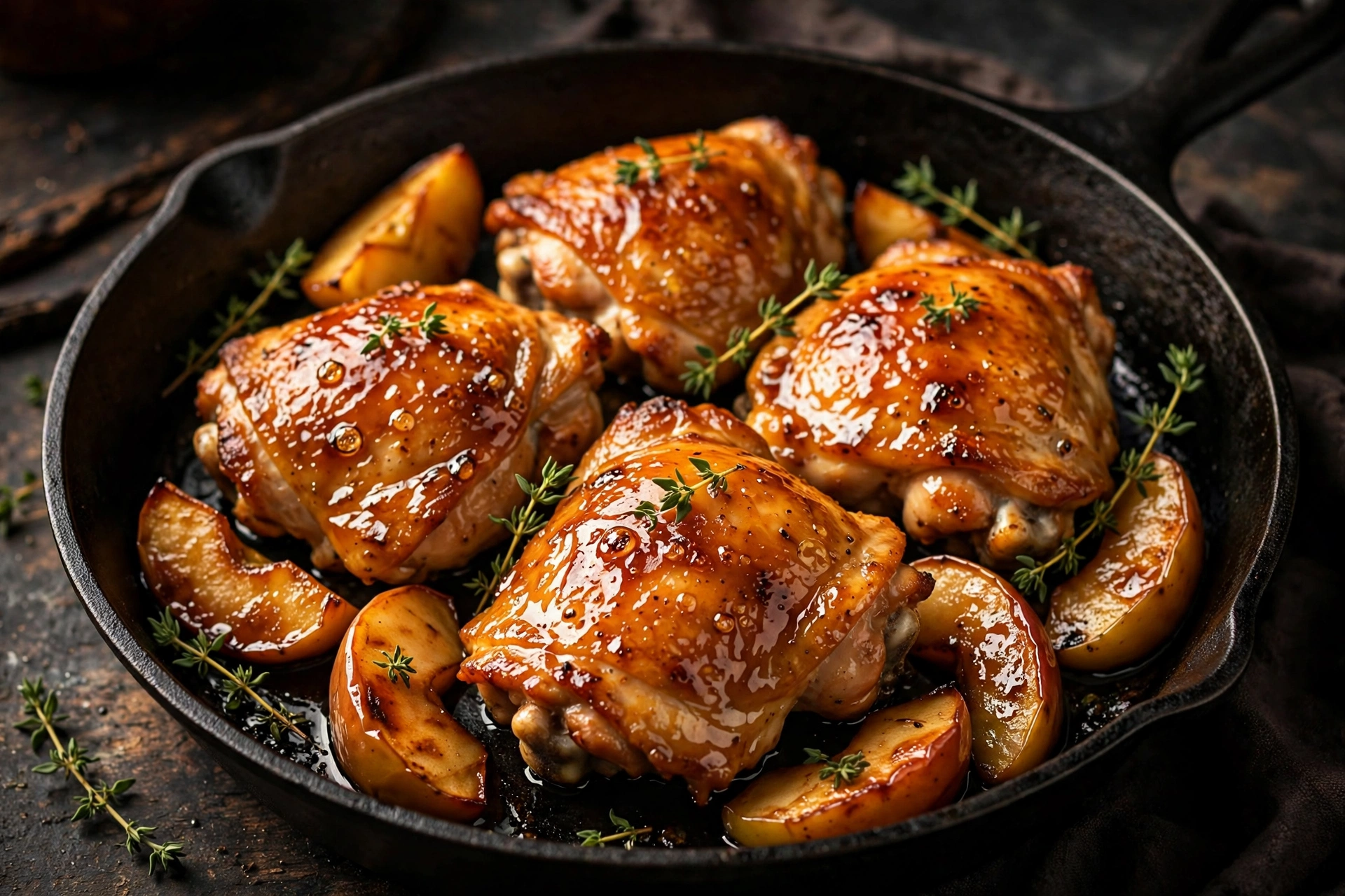Apple Cider Glazed Chicken Thighs with roasted apples and thyme