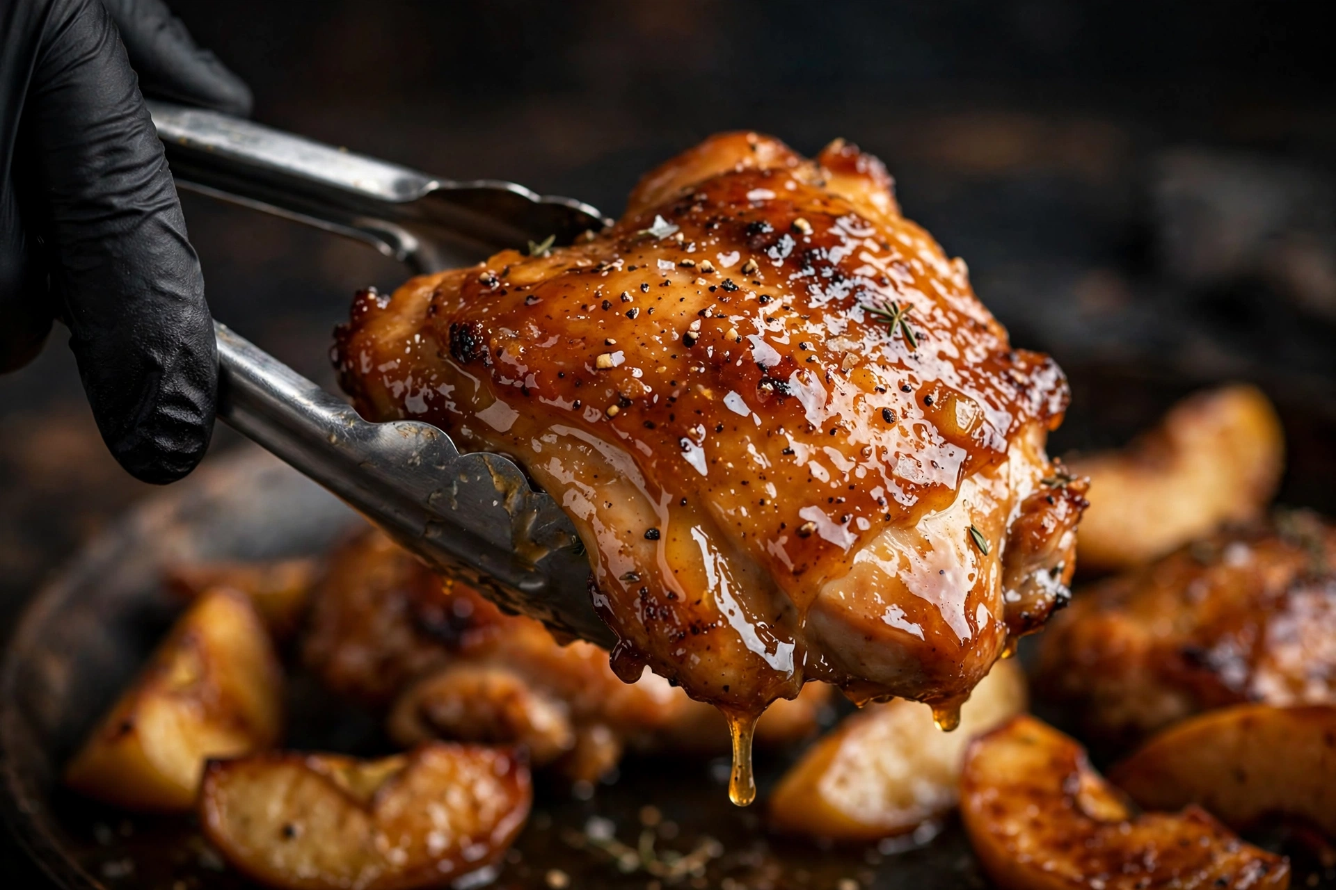 Apple Cider Glazed Chicken Thighs coated in a sticky maple Dijon glaze