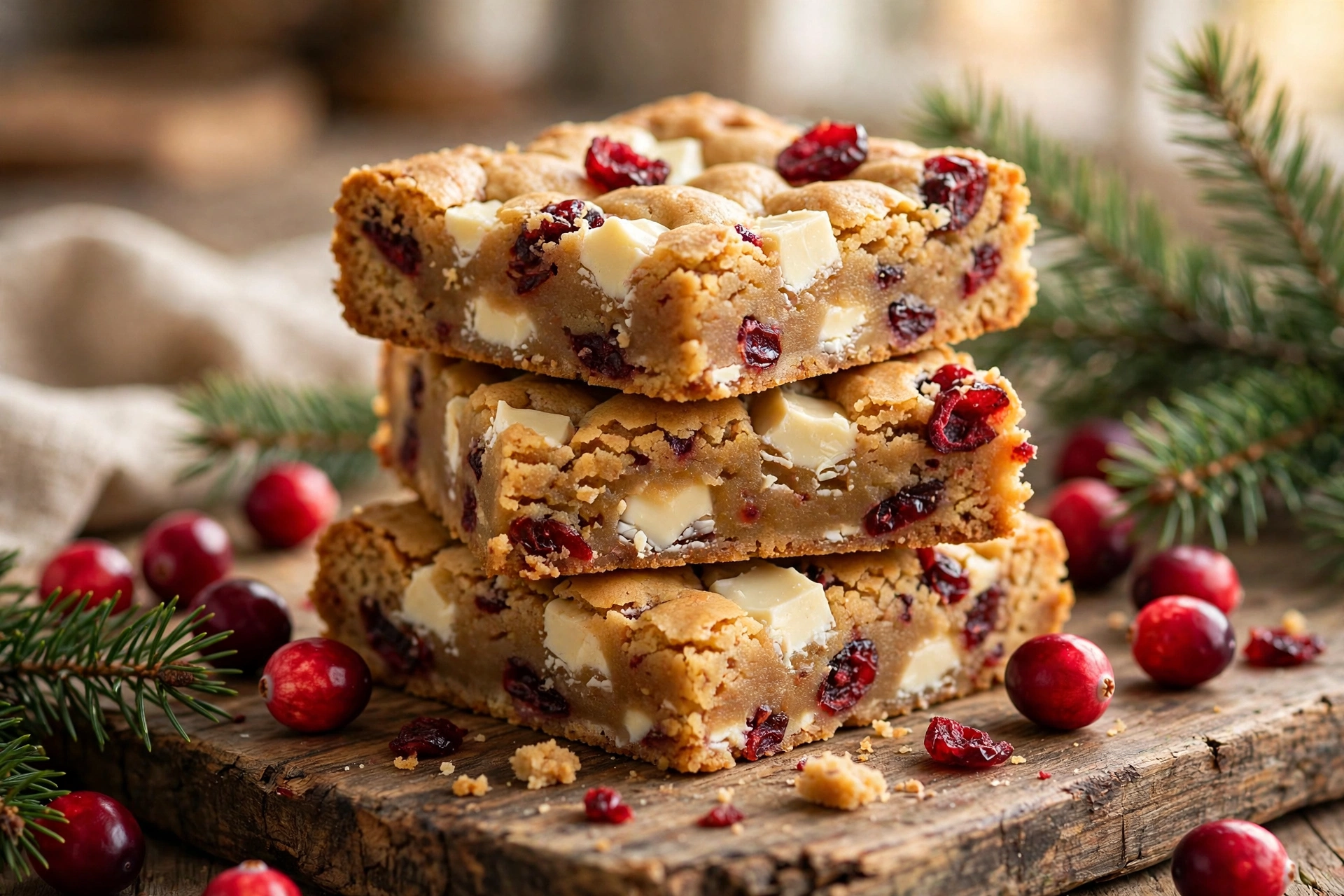 White chocolate cranberry blondies with brown butter, cut into festive triangles