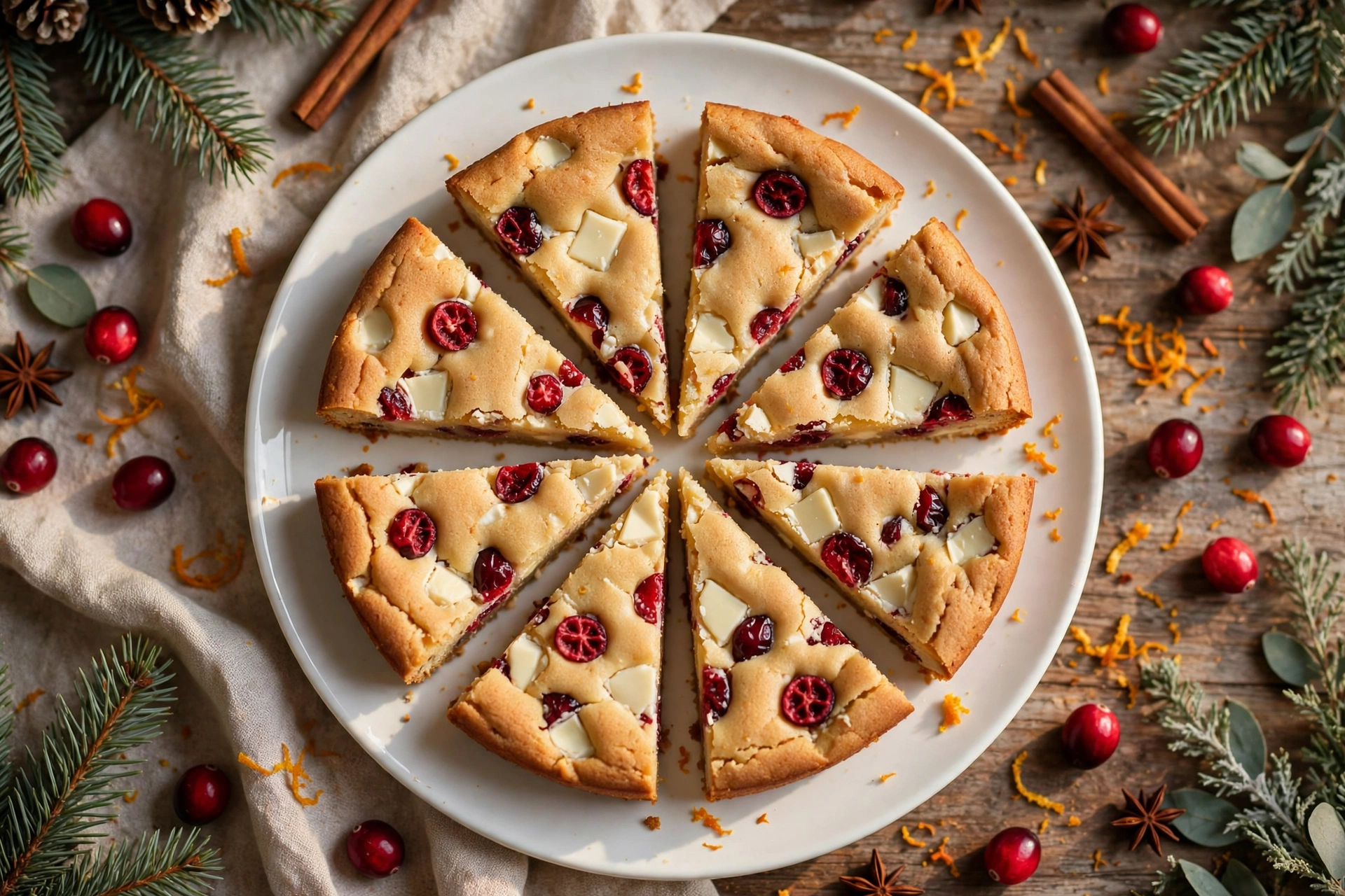 Stack of white chocolate cranberry blondies with cranberries and white chocolate drizzle