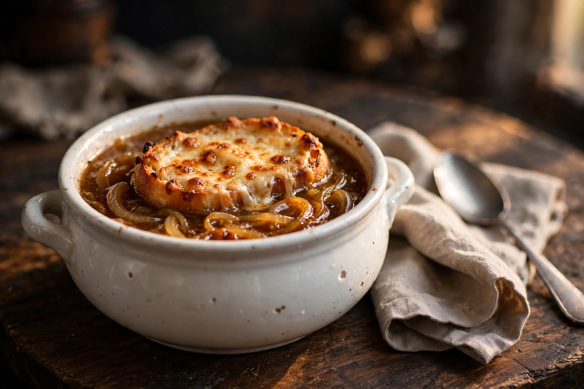 Classic French Onion Soup with melted gruyere and toasted baguette
