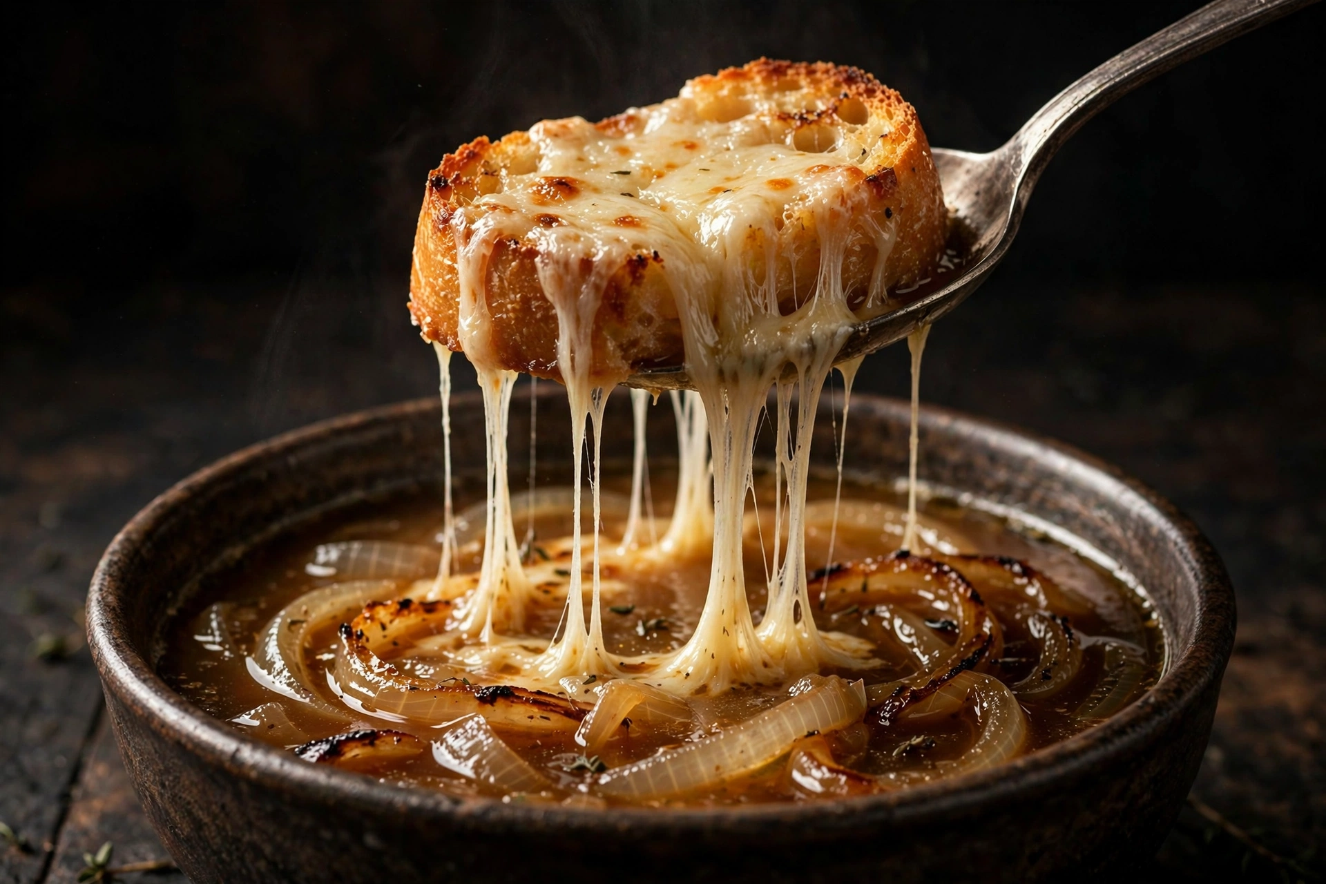 Close-up of Classic French Onion Soup with bubbly cheese