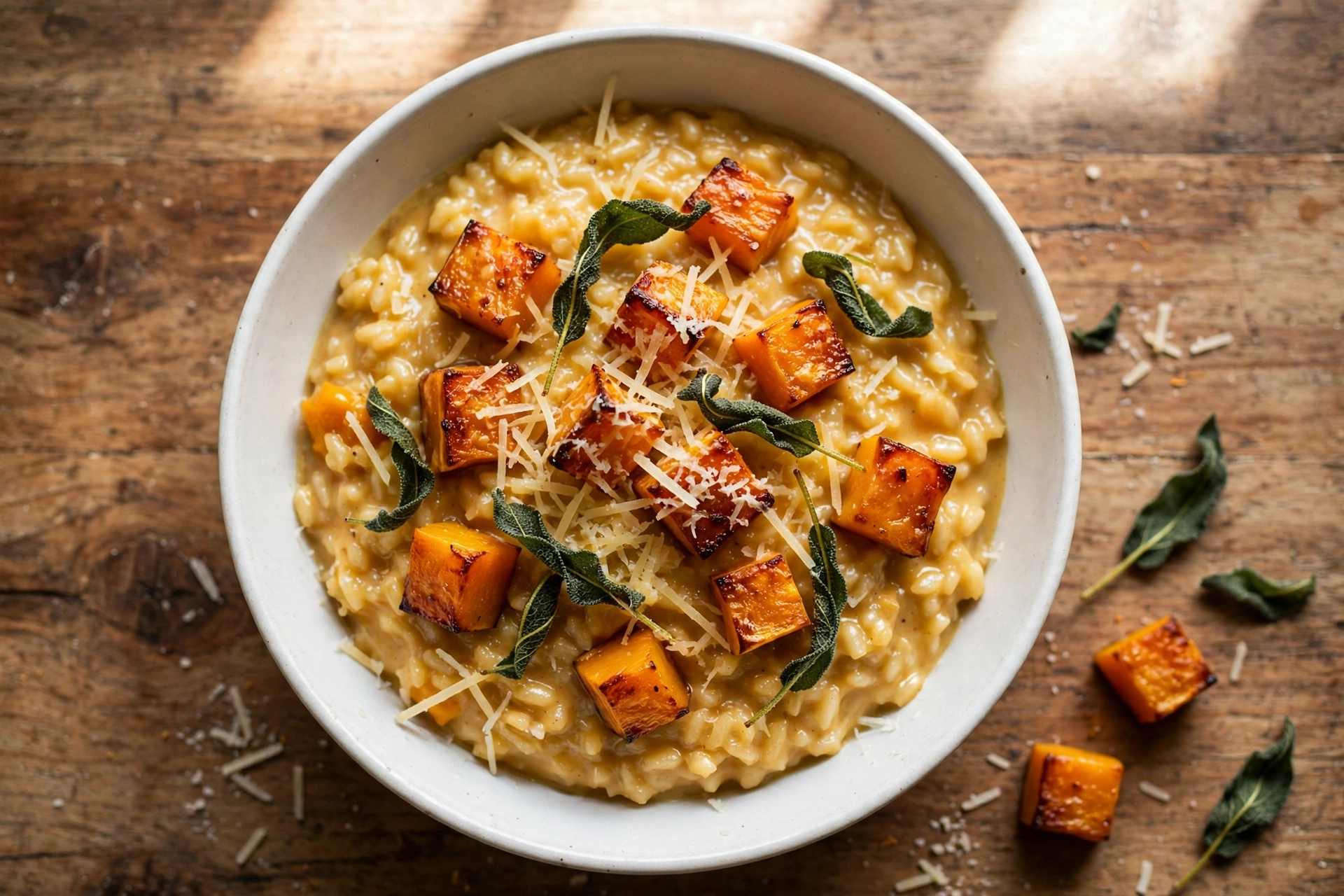 Creamy Roasted Butternut Squash Risotto with caramelized squash and crispy sage