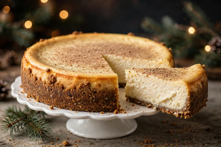 Creamy eggnog cheesecake with gingersnap crust and nutmeg dusting on a cake stand