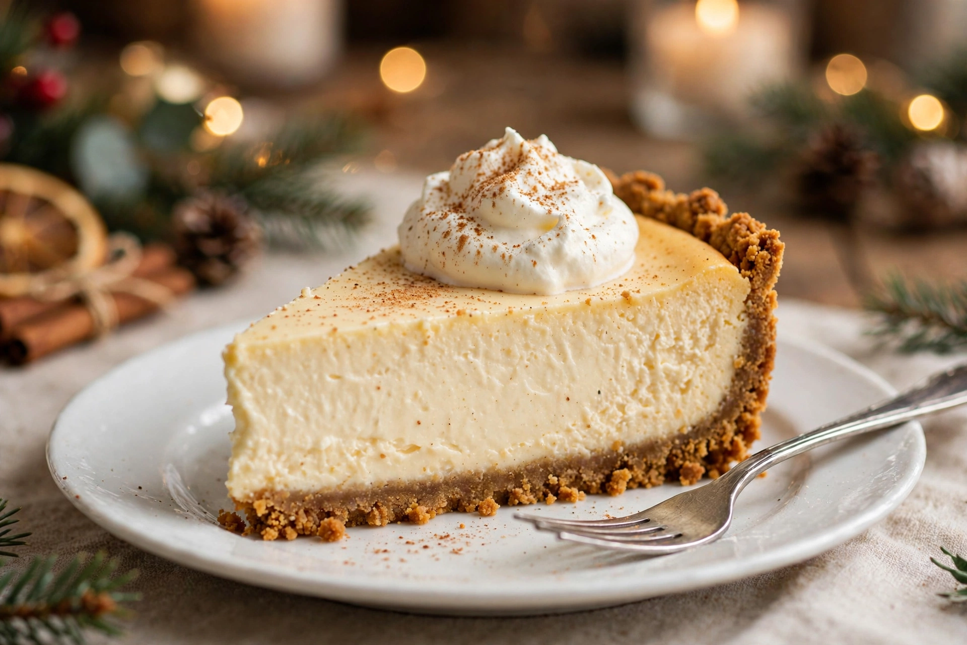 Slice of creamy eggnog cheesecake topped with whipped cream and nutmeg