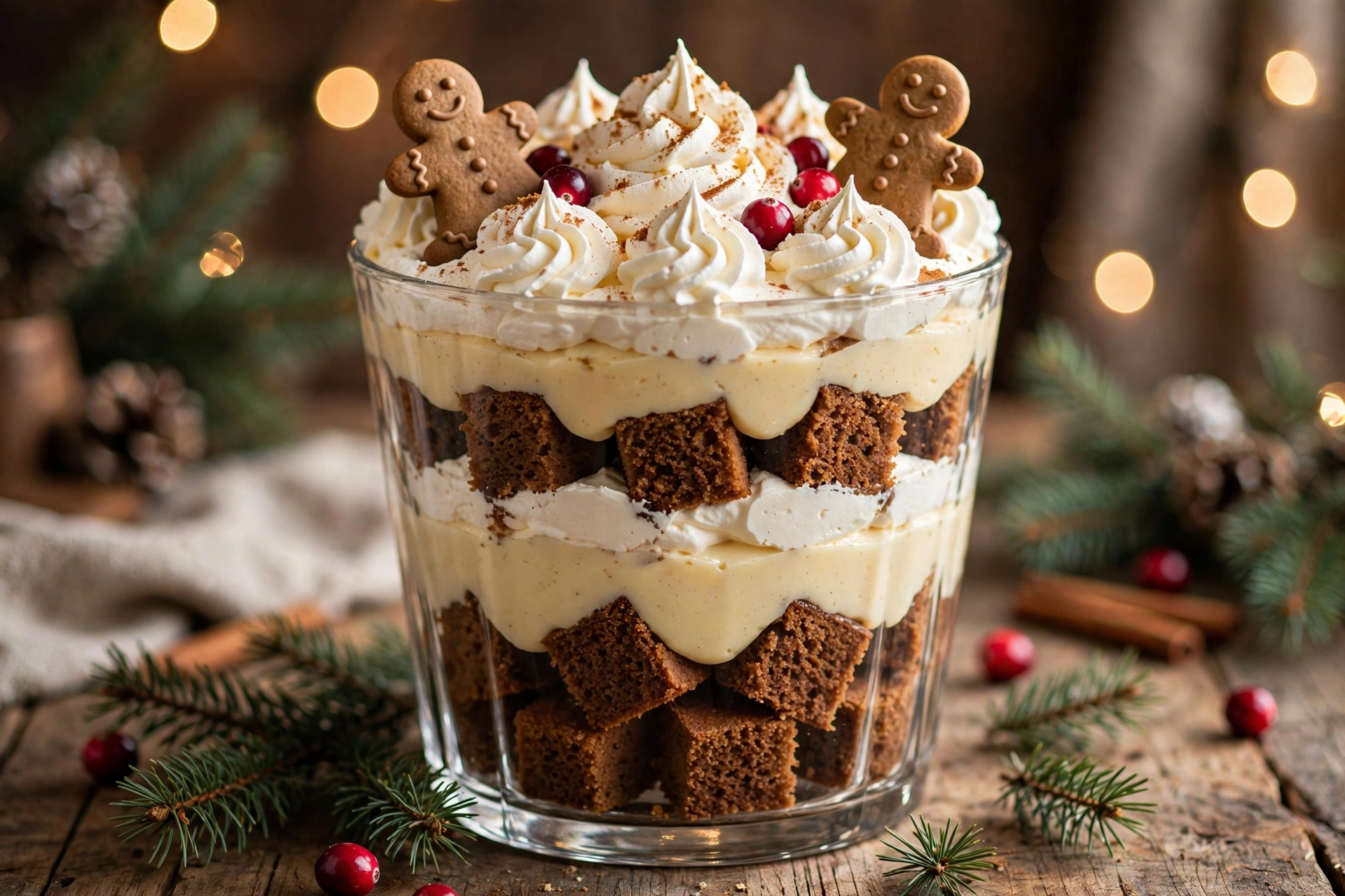 Dark spiced gingerbread trifle with silky cream layers