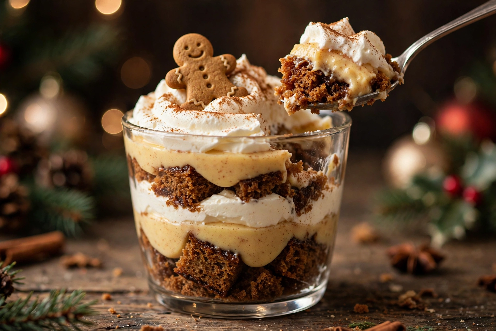 Gingerbread trifle layered in a glass bowl with cream and spices
