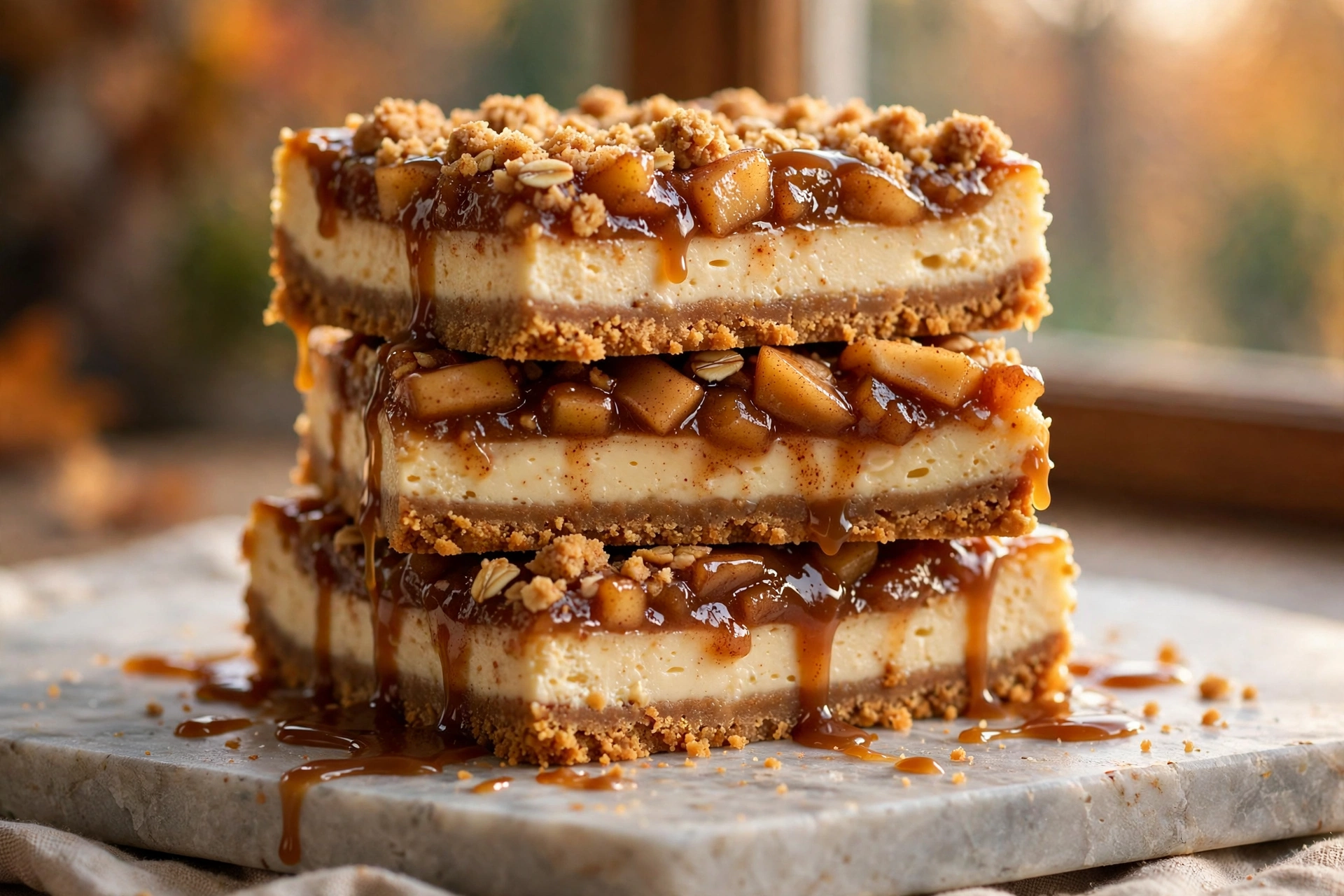 Caramel apple cheesecake bars with graham crust, creamy cheesecake, cinnamon apples and oat streusel