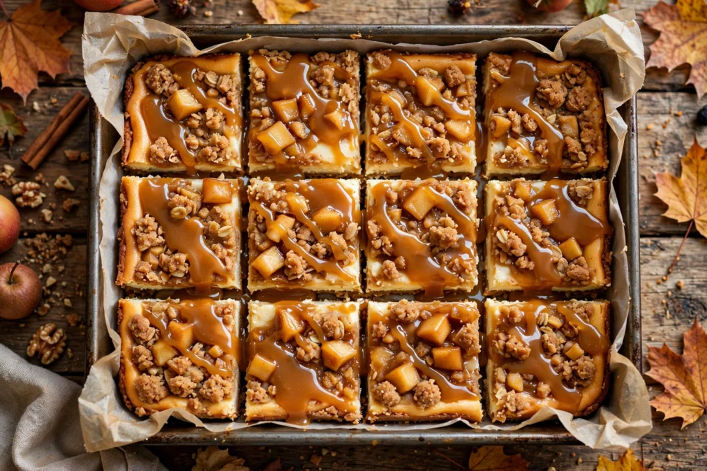Caramel apple cheesecake bars in the baking pan with golden streusel topping and caramel drizzle
