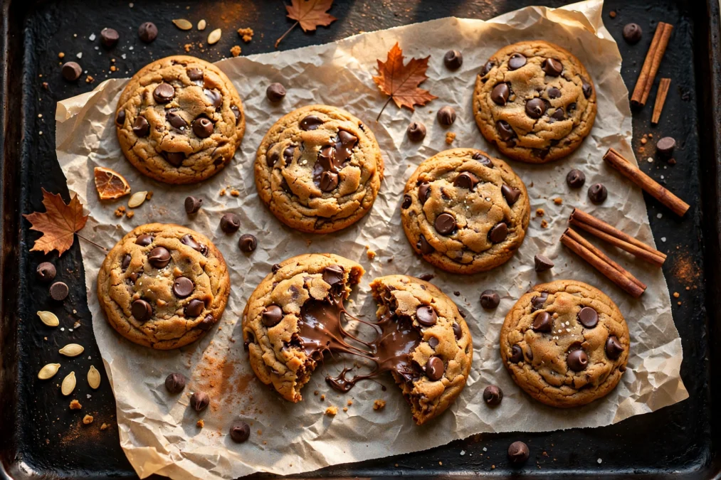 Flat lay of brown butter pumpkin chocolate chip cookies with warm spices and chocolate chips