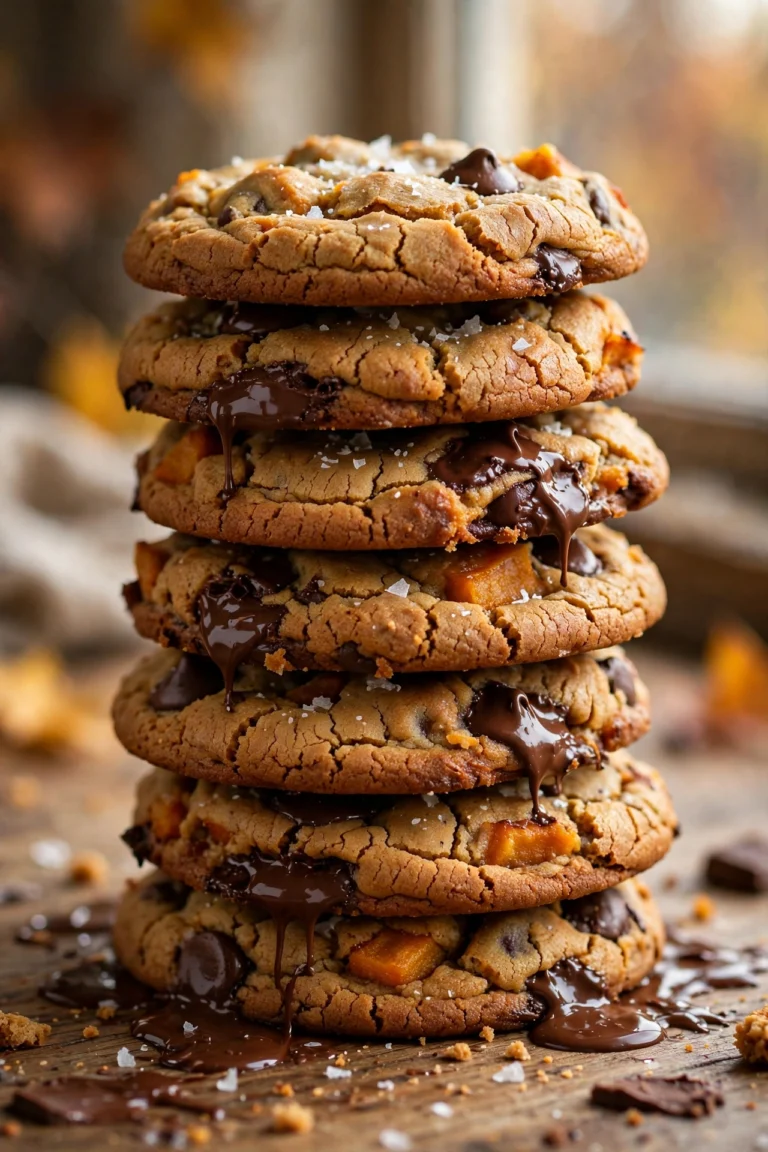 Brown butter pumpkin chocolate chip cookies with crackled tops and melted chocolate pools on a rustic baking sheet