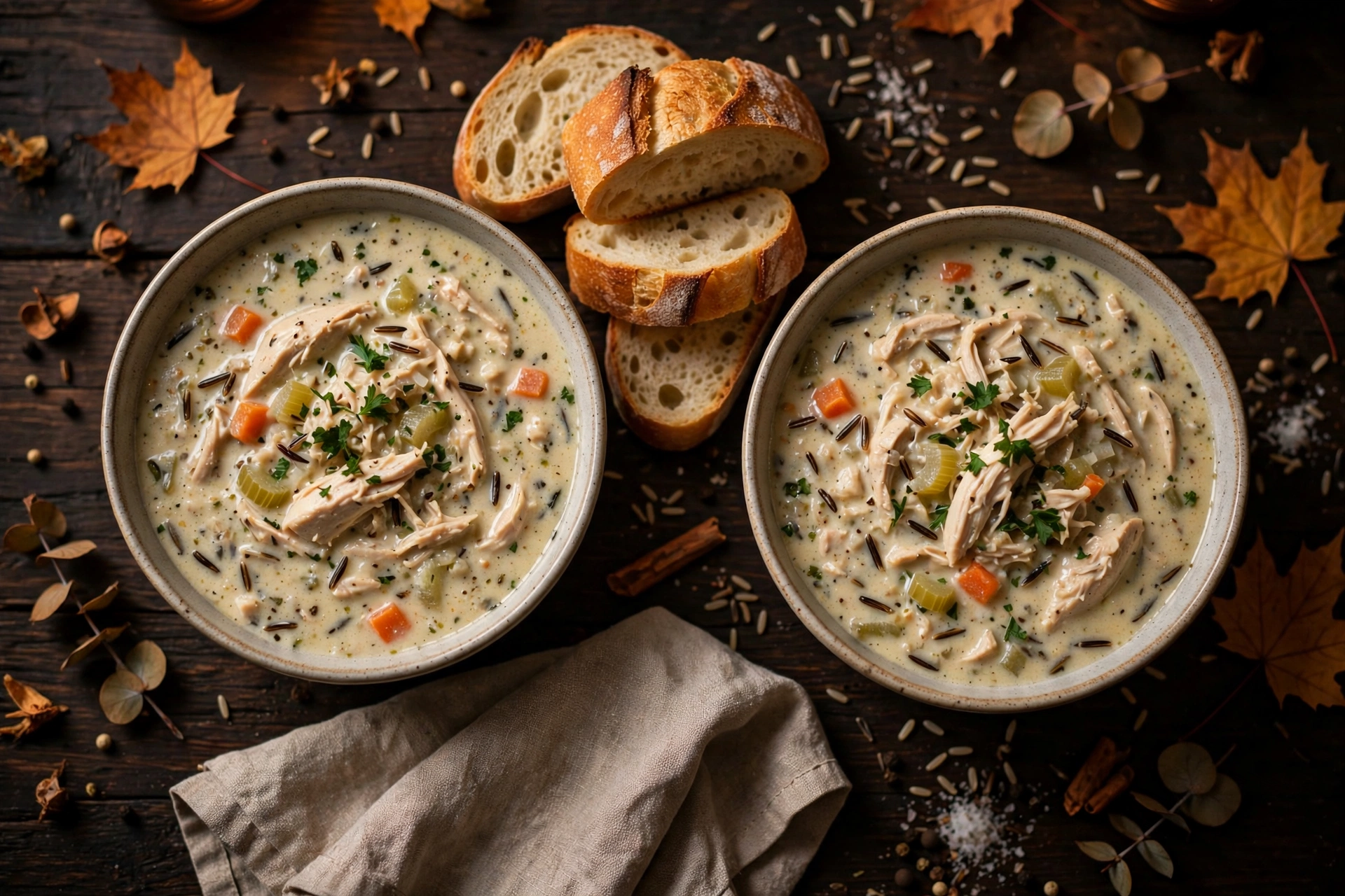 Close-up of creamy chicken and wild rice soup showing tender chicken shreds and wild rice in velvety herb broth