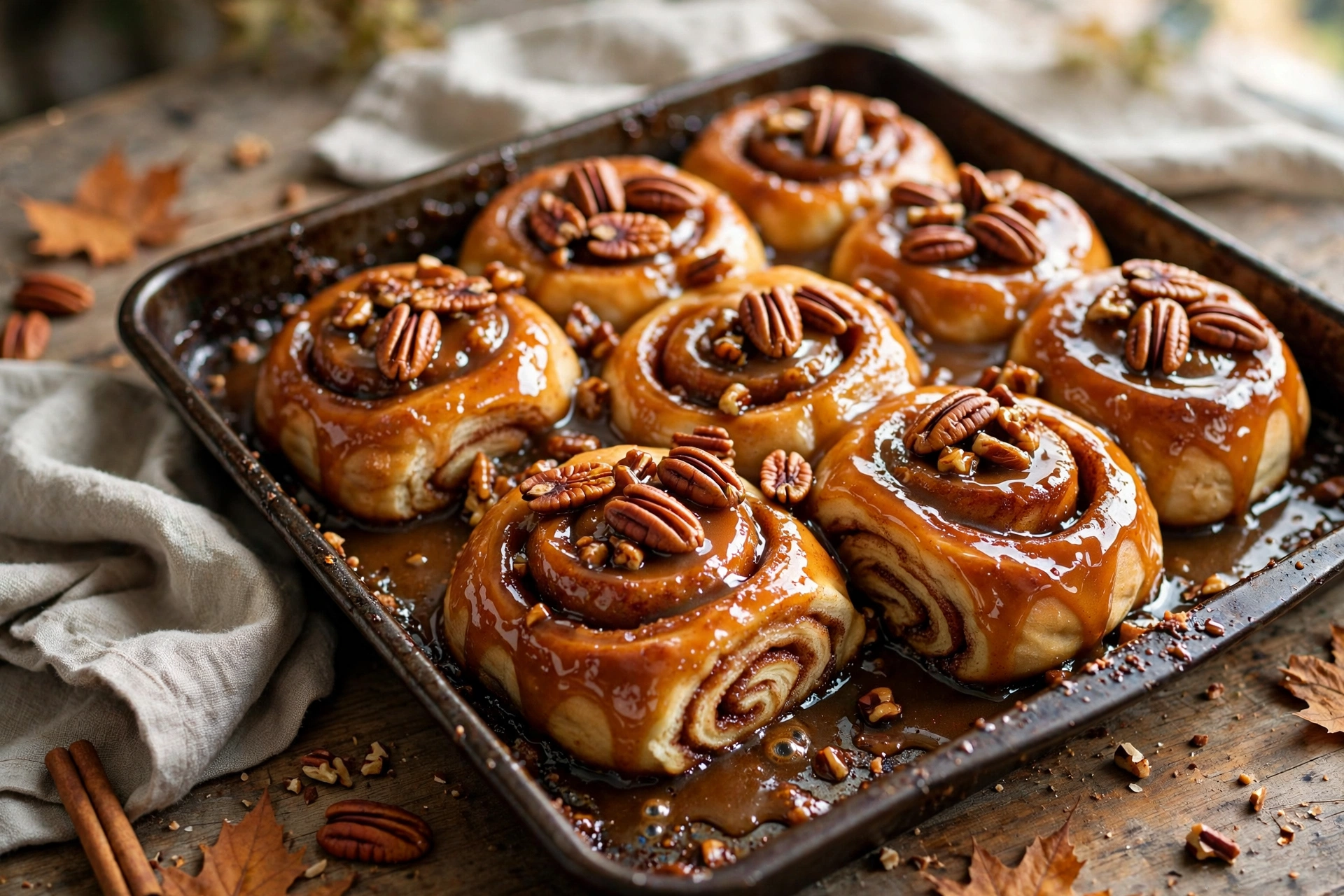 maple pecan sticky buns in a baking pan
