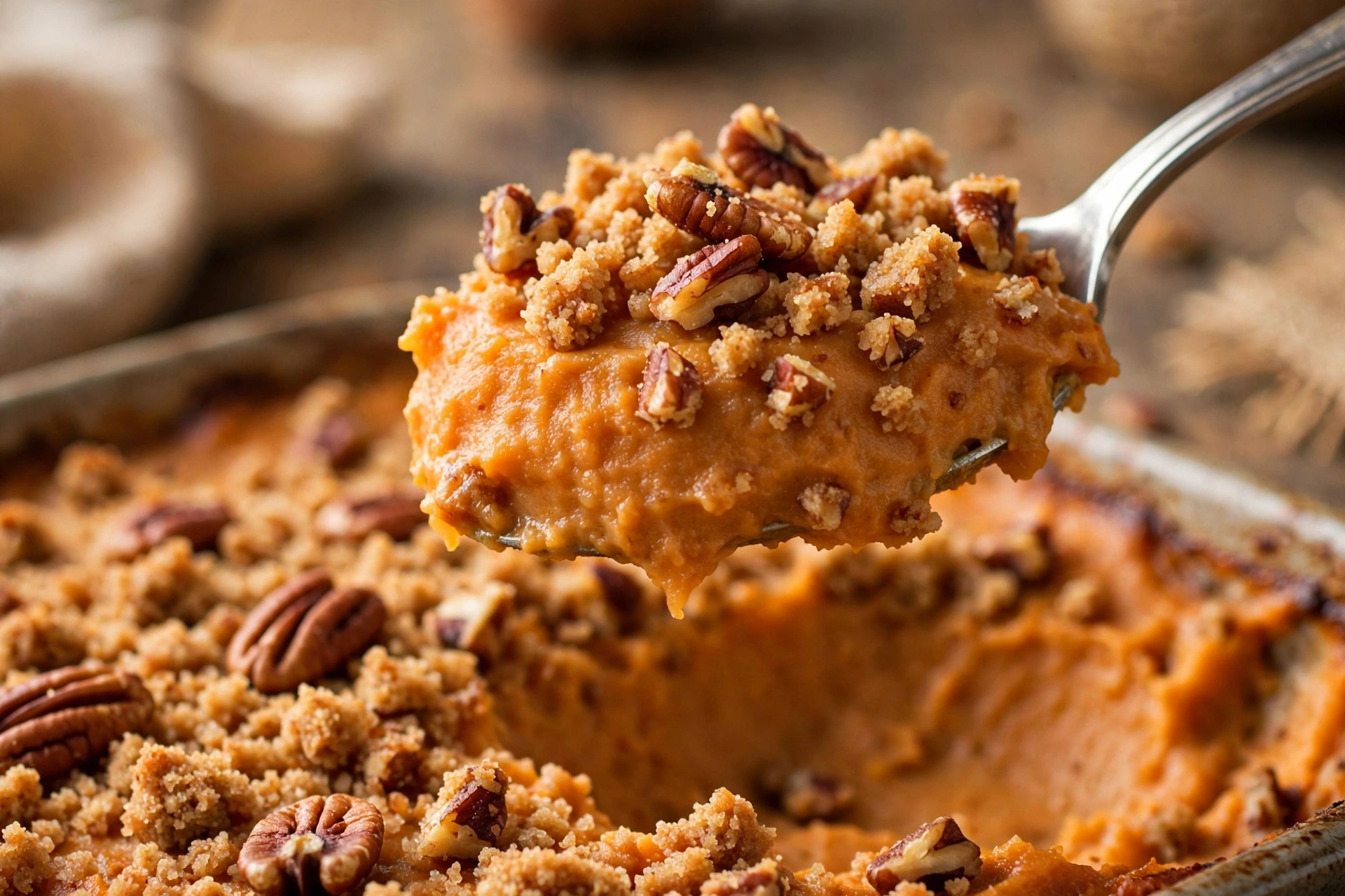 Close-up of sweet potato casserole with pecan streusel topping