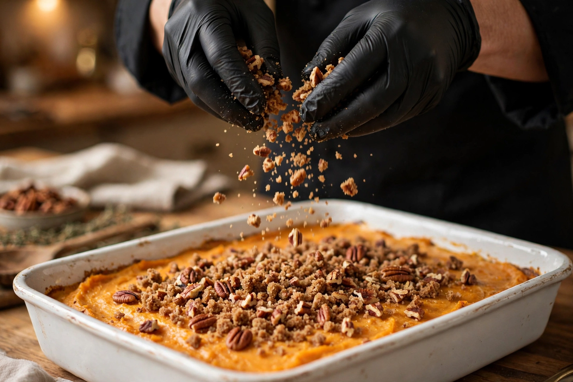 Preparing sweet potato casserole with pecan streusel with black gloves