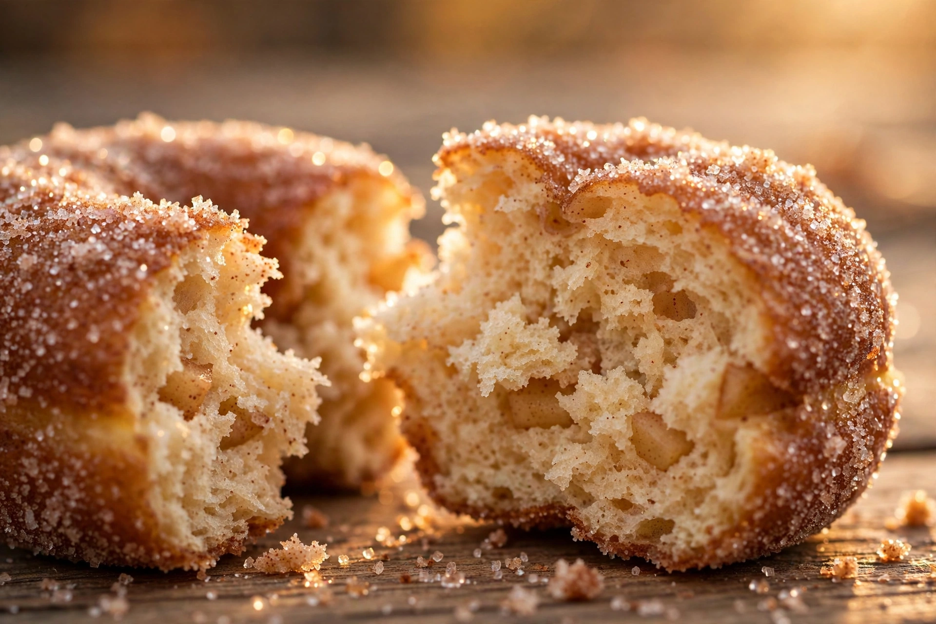 Close-up of baked apple cider donuts with cinnamon sugar coating