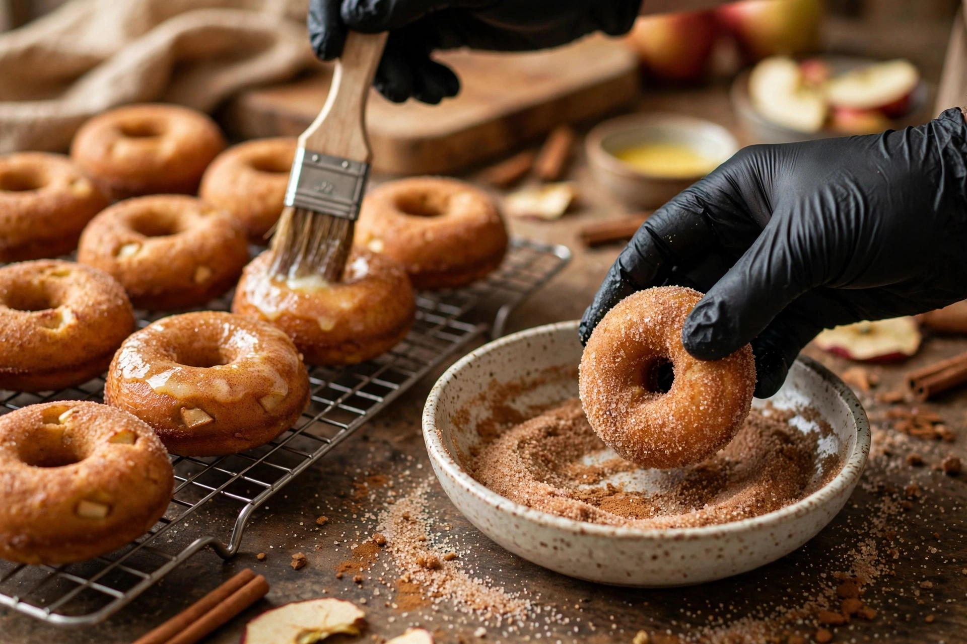 Preparing baked apple cider donuts dough with black gloves