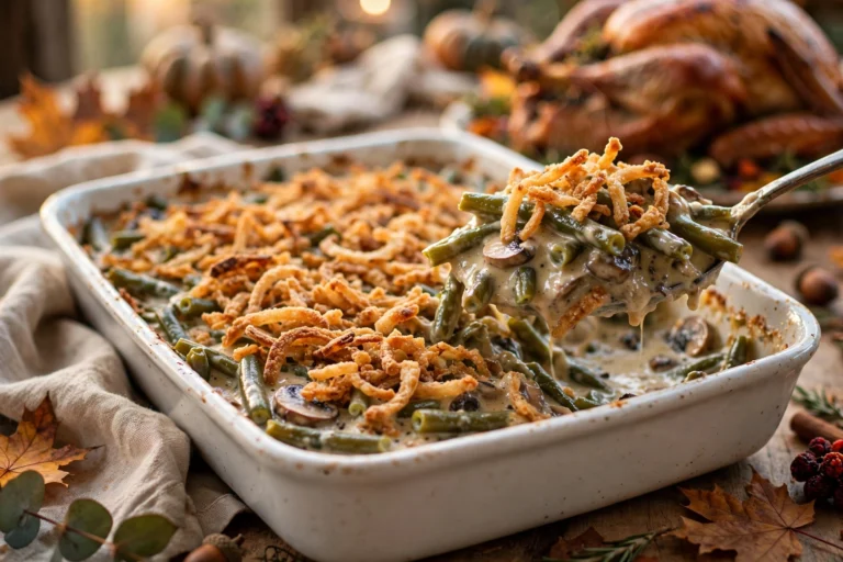 Green bean casserole from scratch in a baking dish