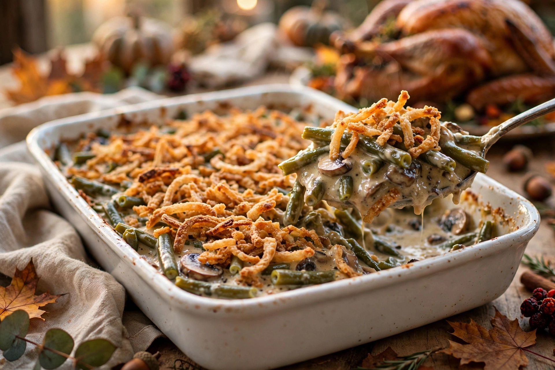 Green bean casserole from scratch in a baking dish