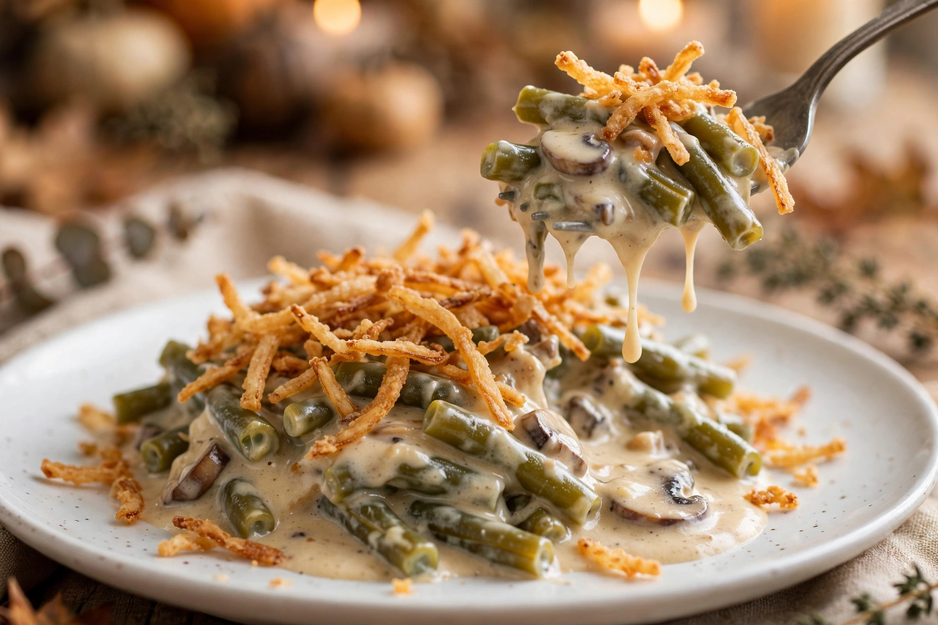 Scoop of green bean casserole showing creamy texture