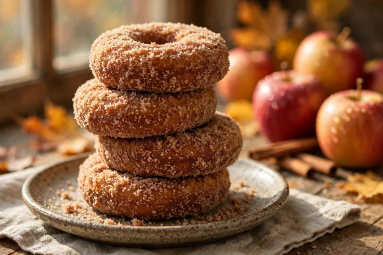 Baked apple cider donuts rolled in cinnamon sugar