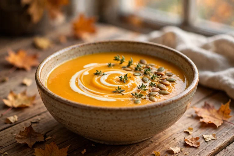 Creamy roasted butternut squash soup in a bowl