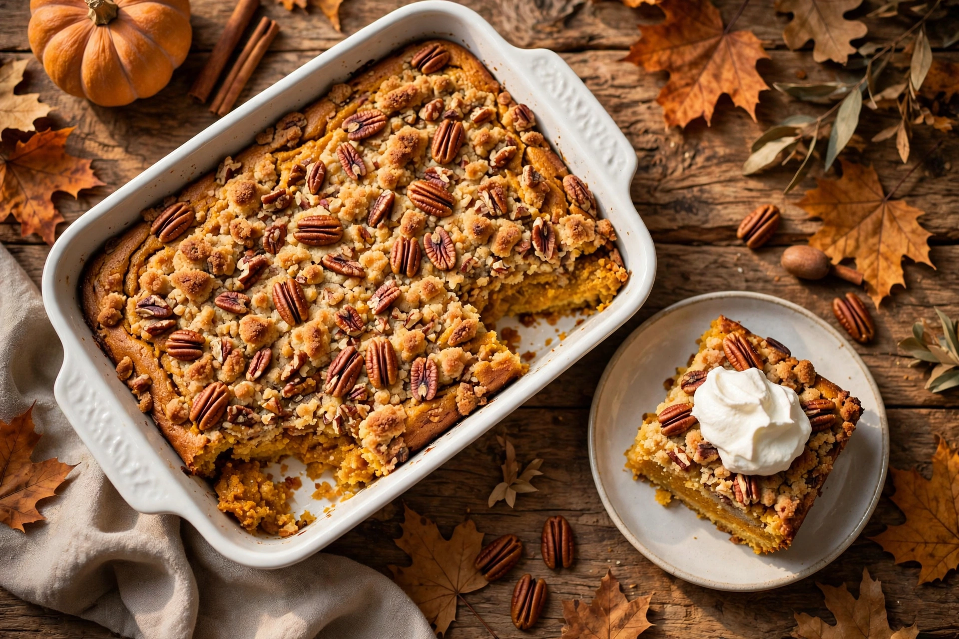 Pumpkin dump cake with buttery pecan crumb topping