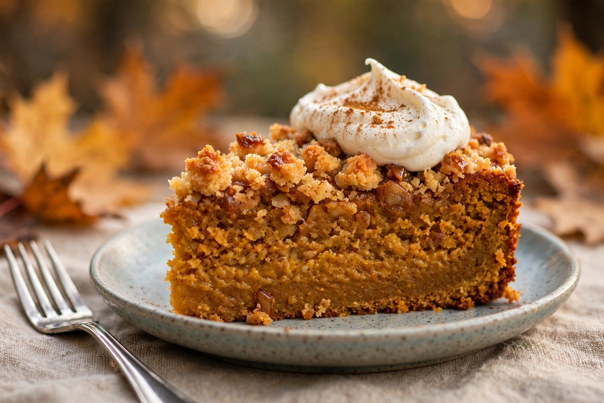 Slice of pumpkin dump cake with whipped cream and cinnamon