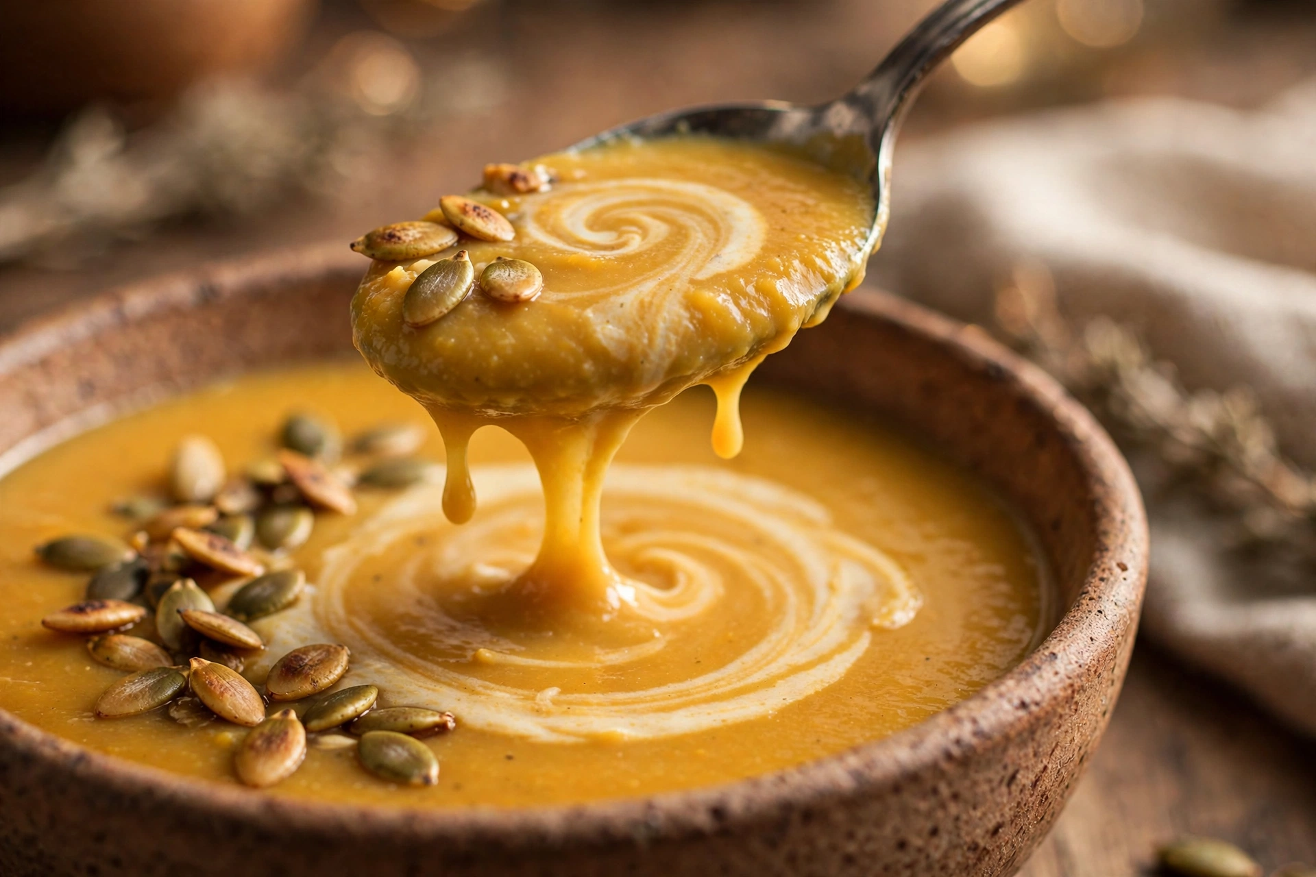 Close-up of creamy roasted butternut squash soup in a bowl