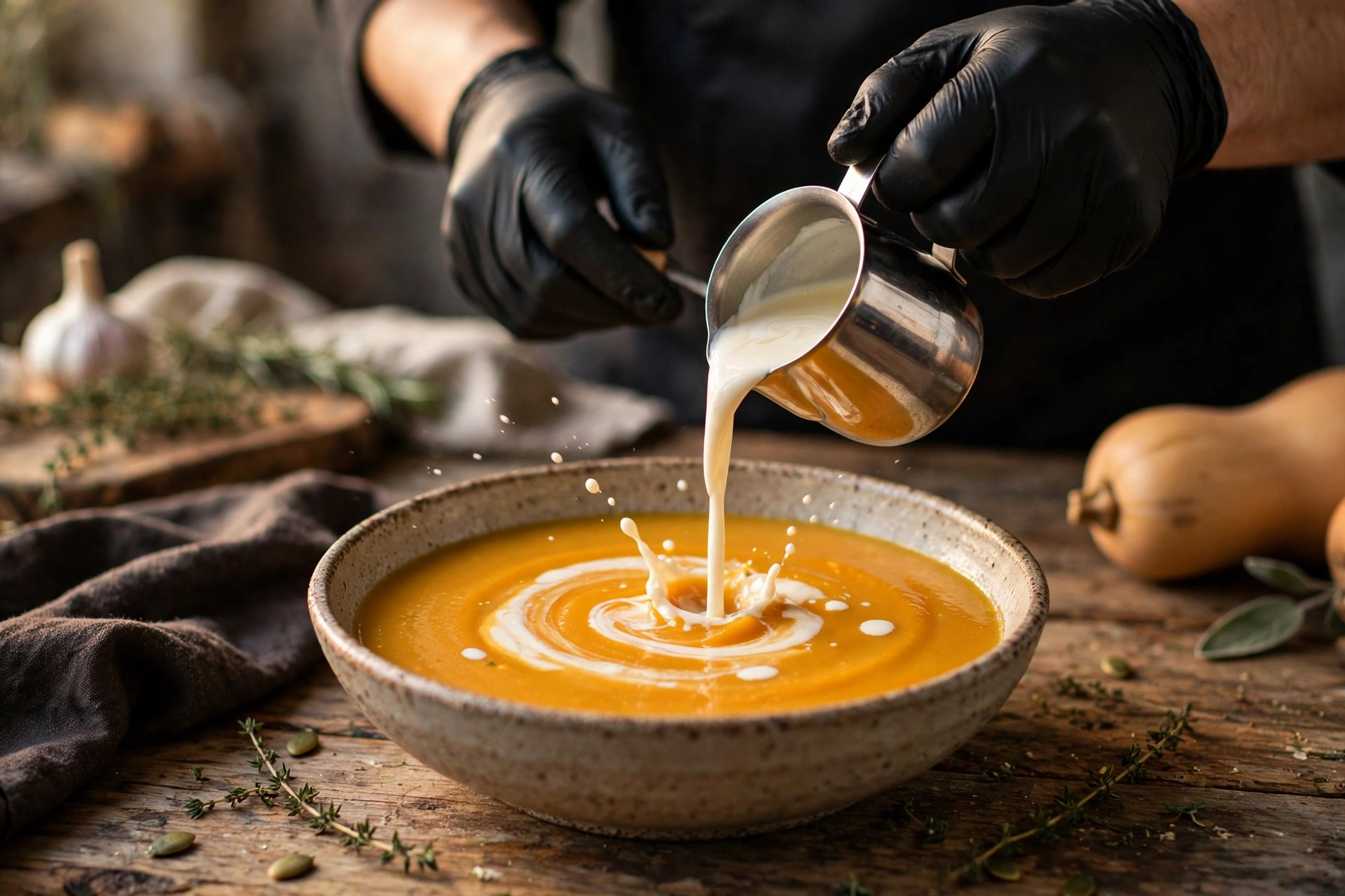Preparing creamy roasted butternut squash soup with black gloves