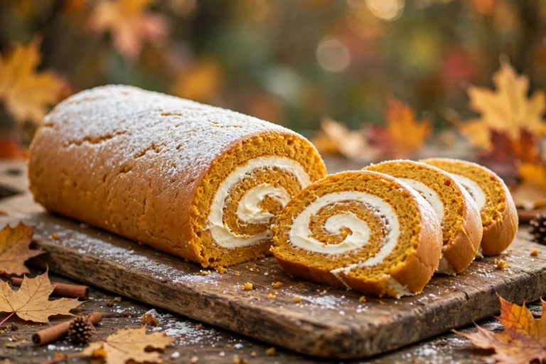 Classic pumpkin roll dusted with powdered sugar showing the cream cheese swirl