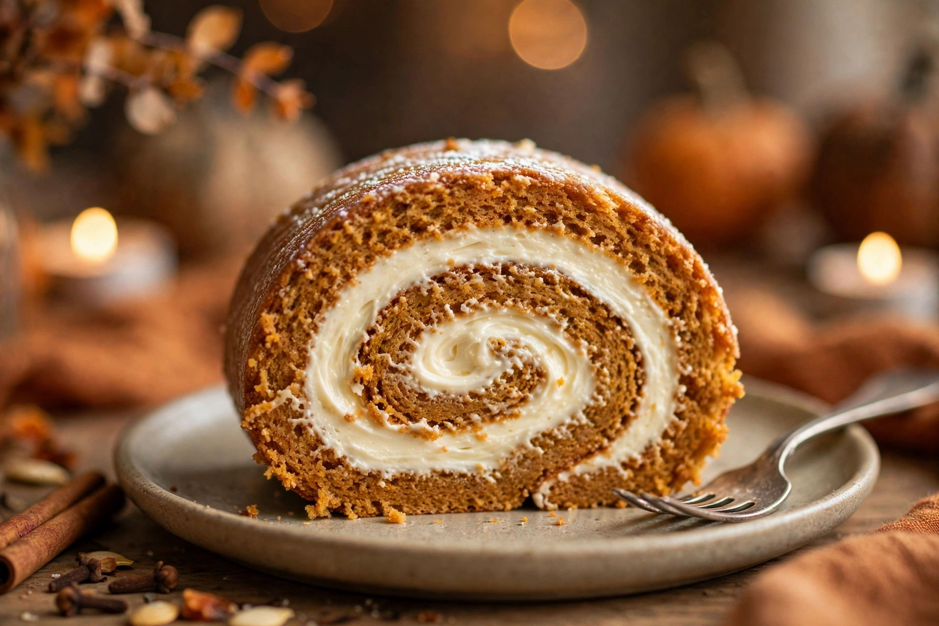 Slice of classic pumpkin roll with spiced pumpkin cake and cream cheese filling spiral