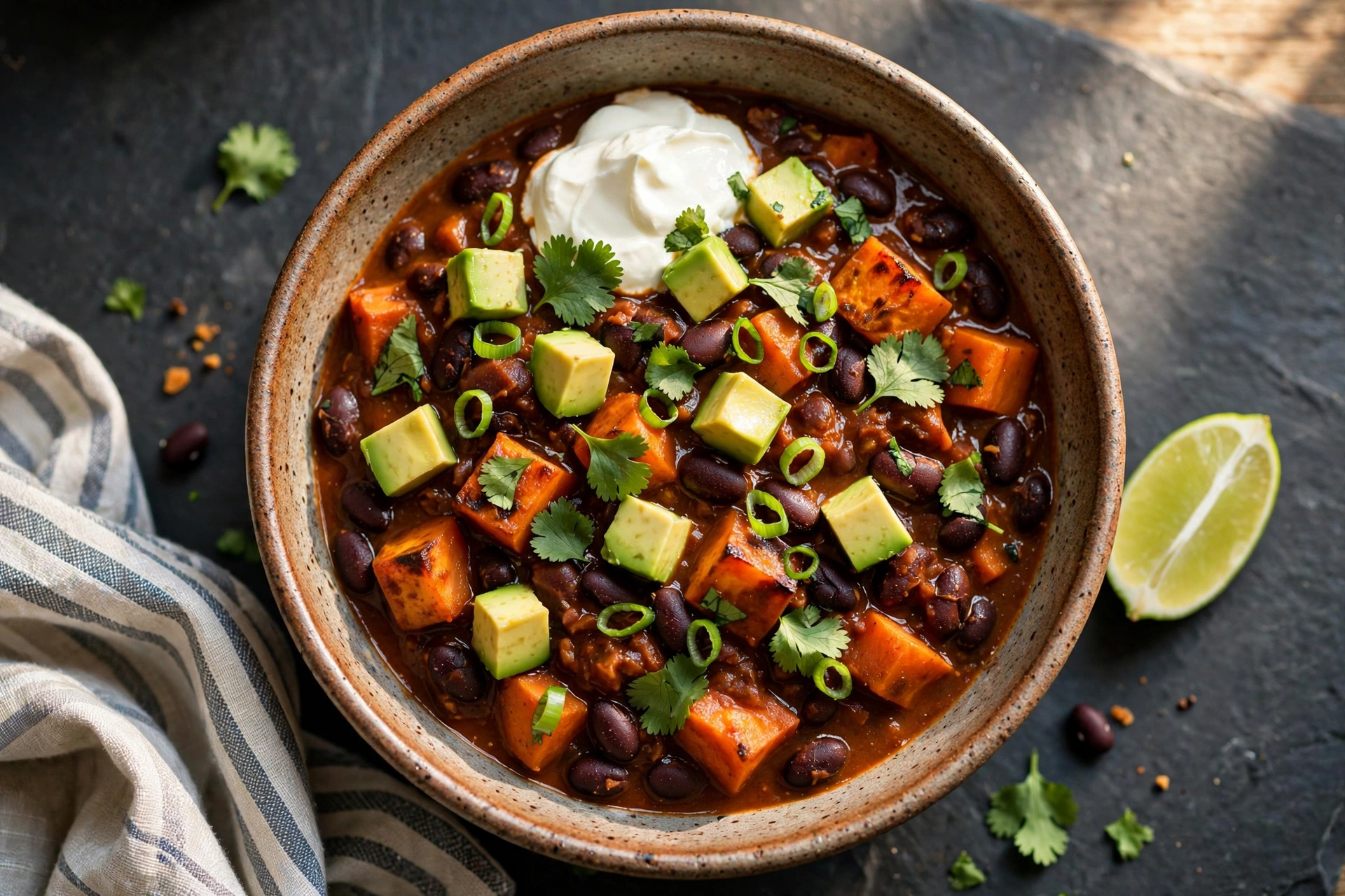 Sweet Potato Black Bean Chili in a bowl with avocado and cilantro