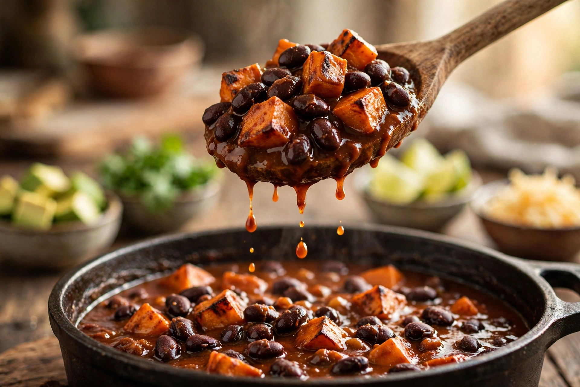 Close-up of thick Sweet Potato Black Bean Chili with toppings